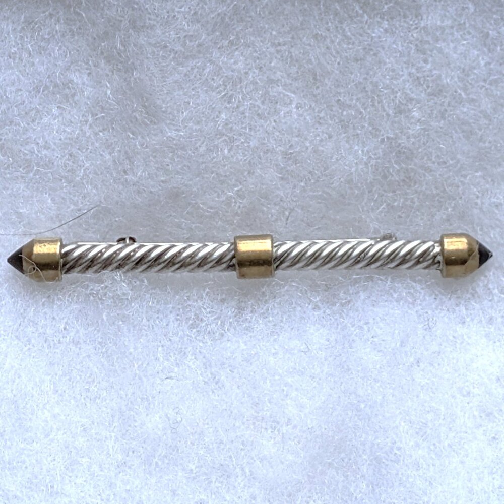 Vintage Artisan Sterling Silver & Brass Black Onyx Twisted Rope Bar Brooch Pin